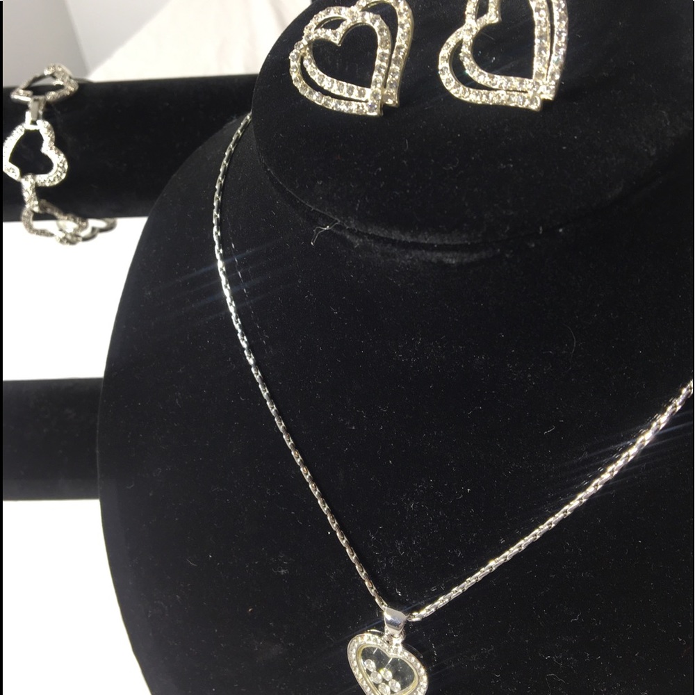 Rhinestone Heart necklace , heart earrings, bracelet